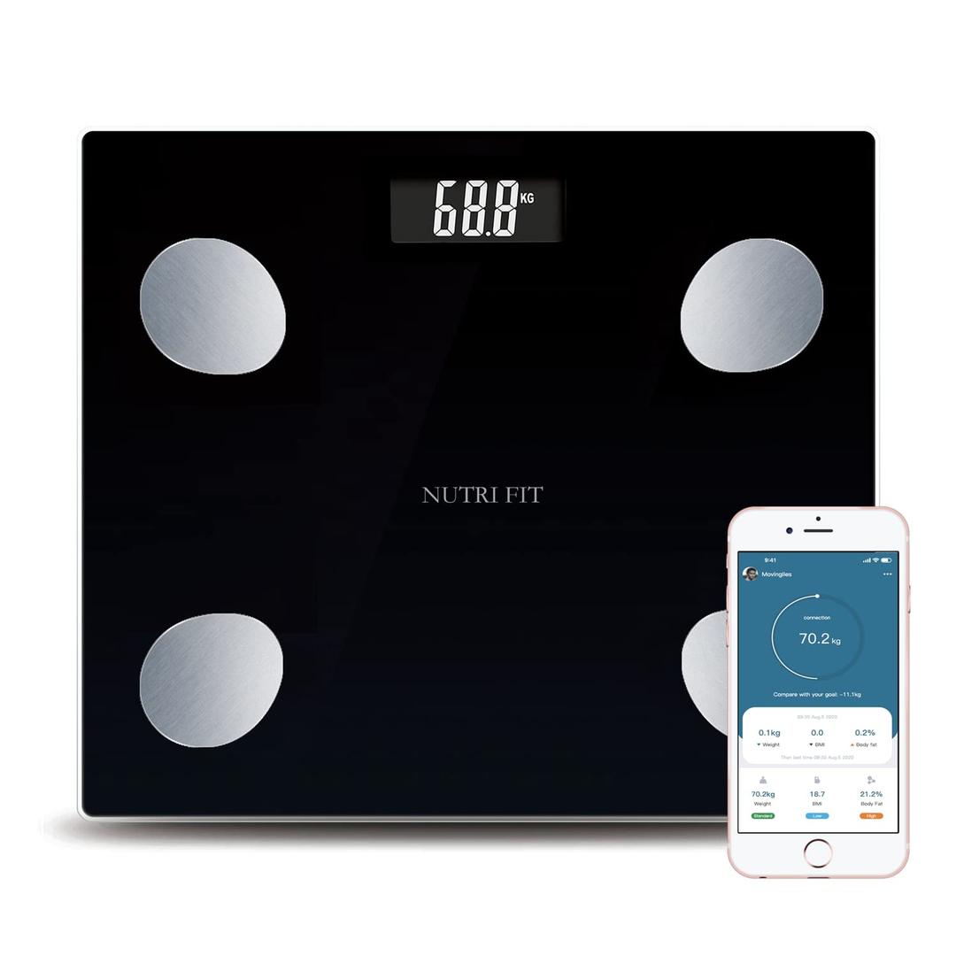 NUTRI FIT Bathroom Weighing Scale for Body Weight and Fat, Digital Smart Scale with Bluetooth, Body Composition Watchers with APP for BMI, Muscle, Weight Loss, Max 150kg/330lb (Premium Black)