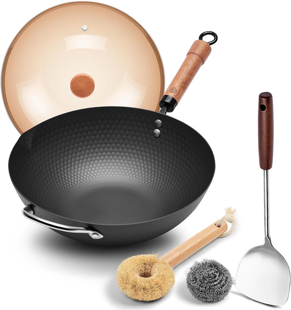 WANGYUANJI 12.6" Wok with Lid, Flat Bottom Nonstick Wok Pan for Induction Cooktop, Stir Fry Woks & Pans for Cooking (Black)