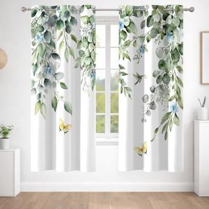 2 Panels Sage Green Eucalyptus Blackout Curtains for Bedroom, Green Leaf and Teal Floral Butterfly Pattern Drapes for Living Room Apartment Dorm Decor Window Curtains, 42W X 63L inches