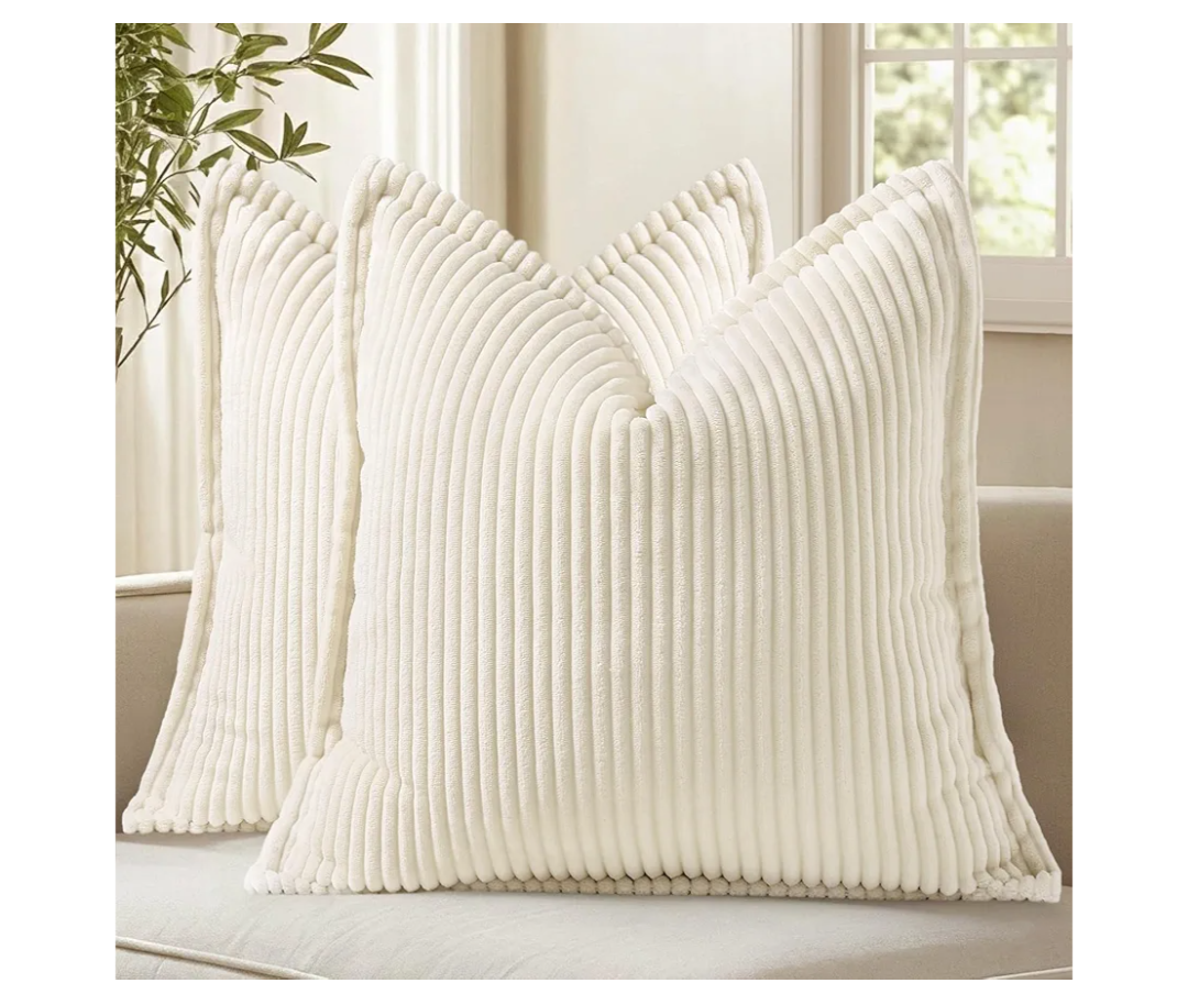 DecorUhome Spring Corduroy Cream White Throw Pillow Covers 20x20 Set of 2 Decorative Soft Boho Farmhouse Couch Pillow Covers for Living Room Bed Sofa Broadside Striped Pillow Cases (Cream White)