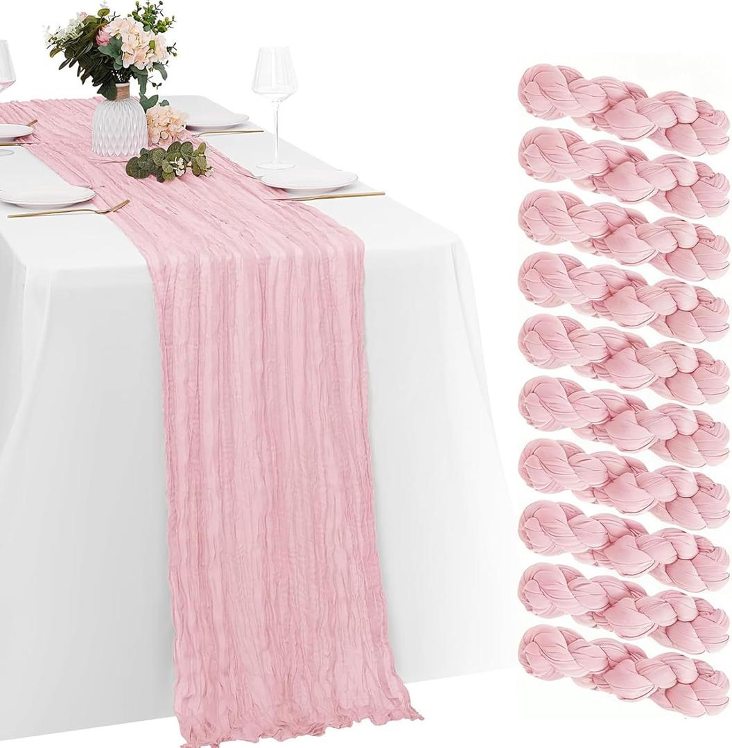 10 Pack Pink Cheesecloth Table Runner 120 Inch 10 FT Boho Gauze Cheese Cloth Long Table Runner Romantic Rustic Sheer Runners for Wedding Baby Shower Home Decor Holiday Decorations