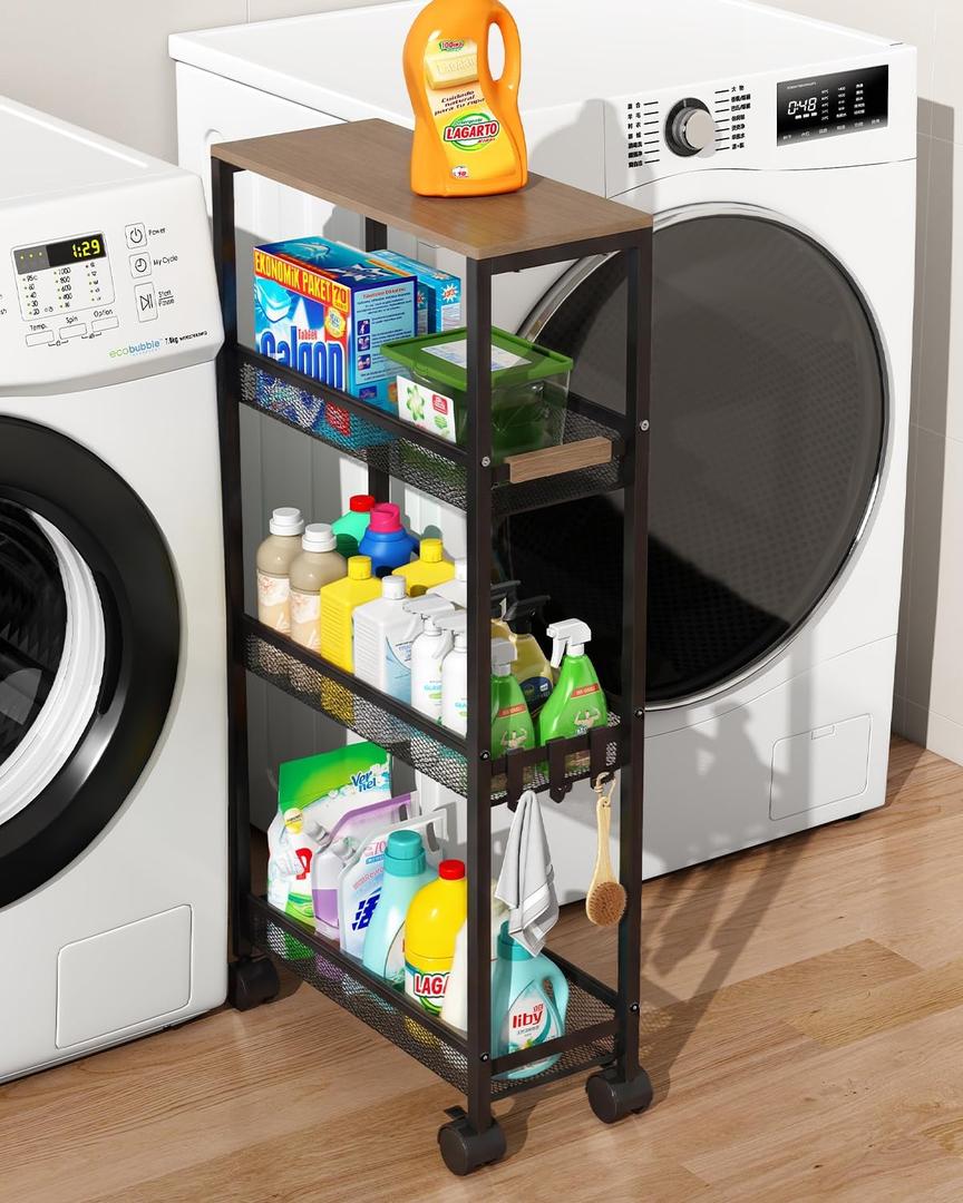 TIPGO Utility Slim Storage Cart, 4 Tier Rolling Cart with Wheels, Narrow Storage Cabinet for Bathroom, Laundry Shelves for Room Organization, Small Organizer for Kitchen, Office and Dorm (Black)