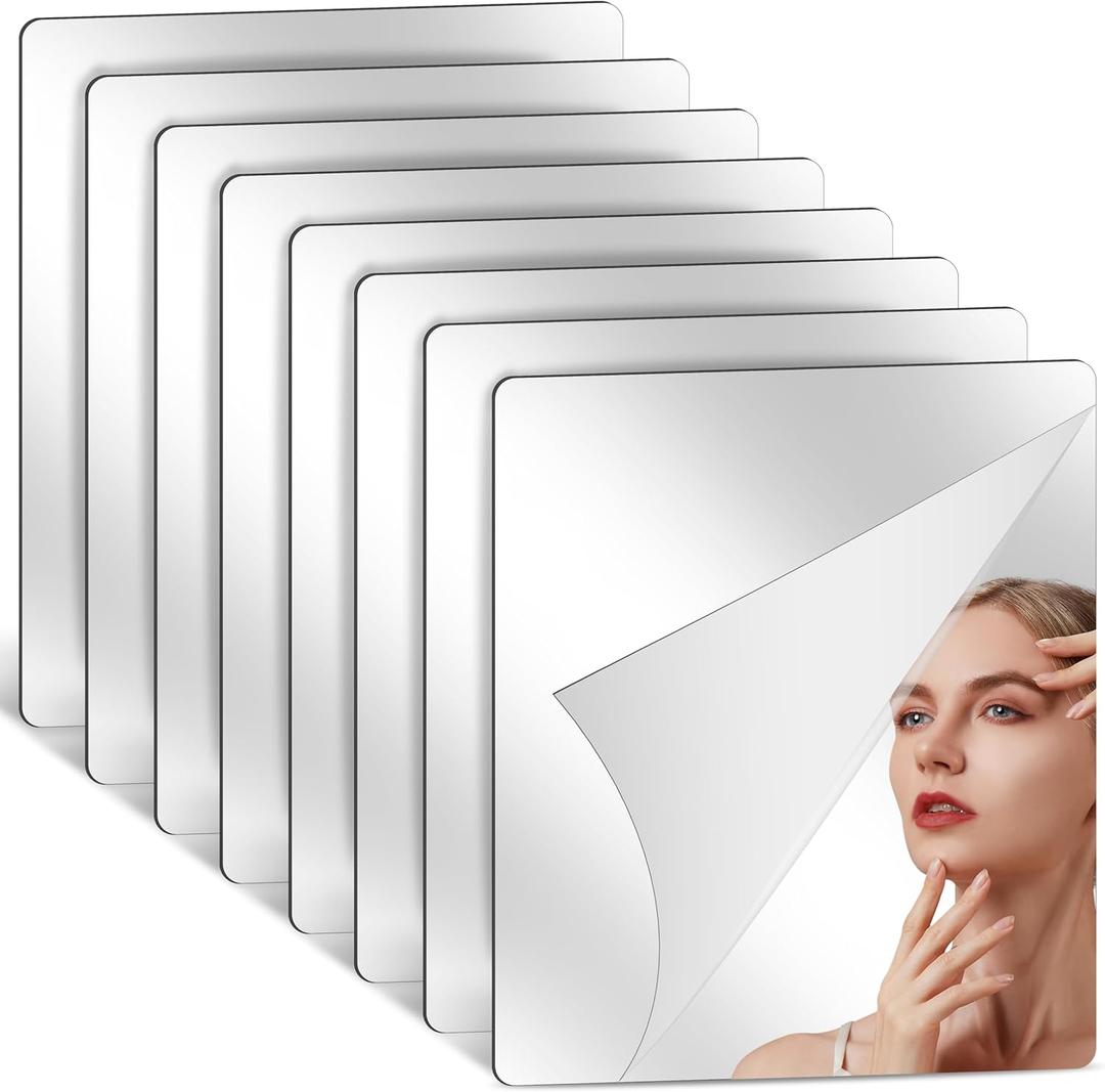 Palonu Self Adhesive Unbreakable Acrylic Mirror Full Length Mirror Tiles Flexible Plastic Mirror Sheets 2MM Thick Mirror,Frameless Small Mirror for Home Wall Decor Gym DIY Craft (8, 8""8""), Silver (8"8")