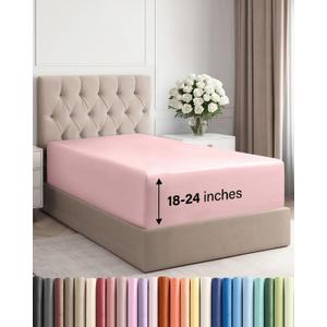 Extra Deep Twin XL Fitted Sheet - Hotel Luxury Single Fitted Sheet Only - Easily Fits 18 inch to 24 inch Mattress - Ultra Soft, Wrinkle Free with Extra Deep Pockets - Breathable & Comfy - Baby Pink