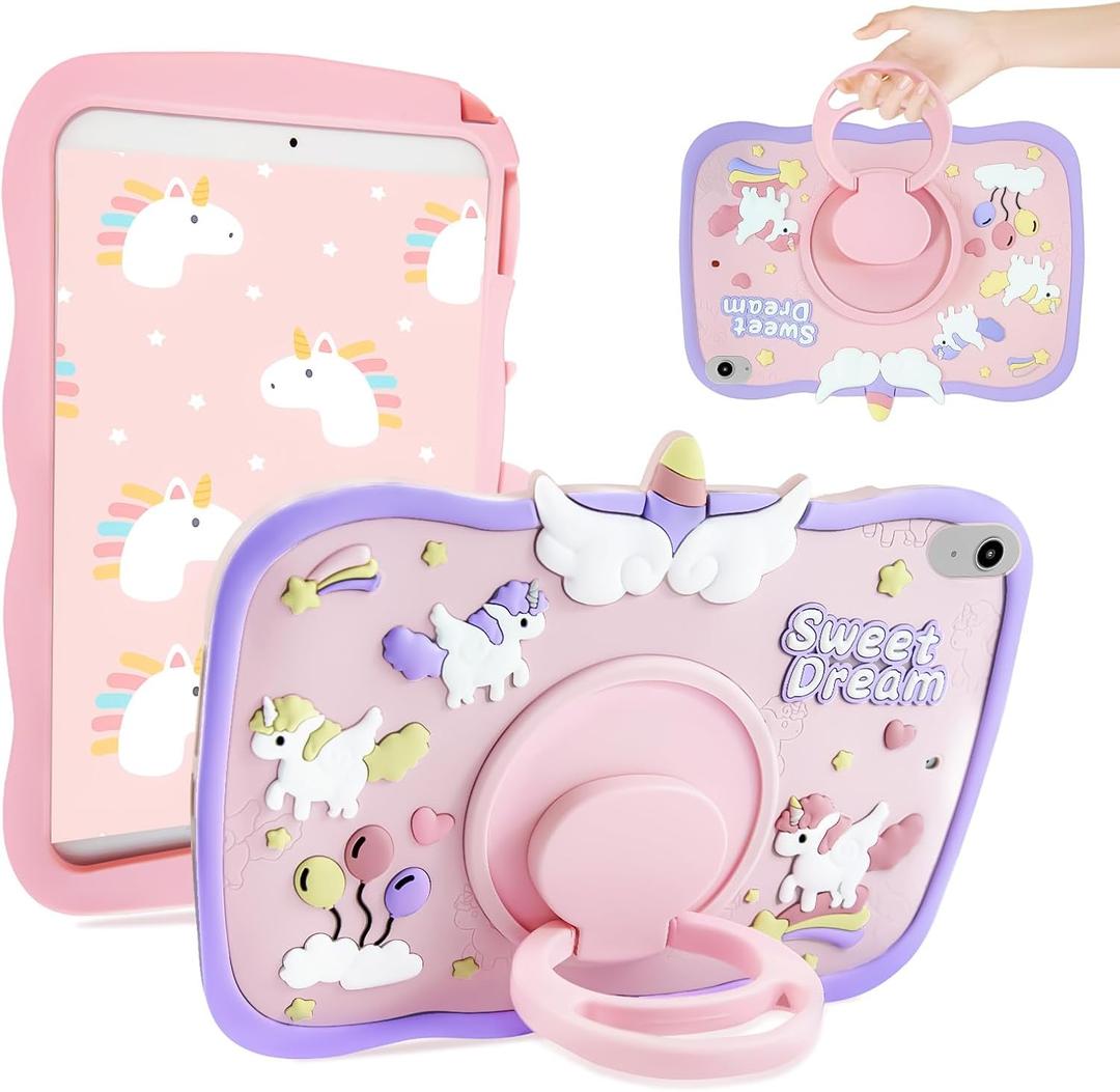 ACEMO for iPad (A16) 11th Generation Case 2025/ iPad 10th Gen Case 10.9 inch 2022 with 360 Rotating Kickstand Stand, Cute Cartoon Silicone Protective Kids Girl Cover Pink Purple