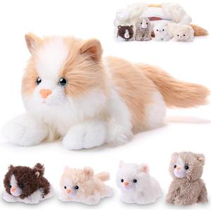 HyDren 5 Pcs Realistic Ragdoll Cat Stuffed Animal, 17.75 Inches Large Ragdoll Cat Mommy Plush with 4 Cute Babies Soft Plush Kittens Set for Girls Boys Birthday Party Favors(Light Brown)