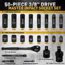 3/8'' Drive Impact Socket Set - 50-Piece Shallow & Deep Socket Set Metric and Standard Full with Universal Joint, Extension Bar, 1/2 to 3/8 Reducer, Hex Shank Socket Adapter, Ratchet Handle