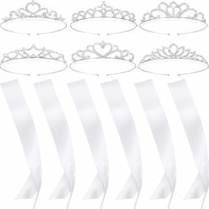 6 Set White Sashes for Pageants Party Accessories Prom Queen Crown Blank Sashes Rhinestones Tiara Satin Sash for Wedding Prom Party Decorations DIY