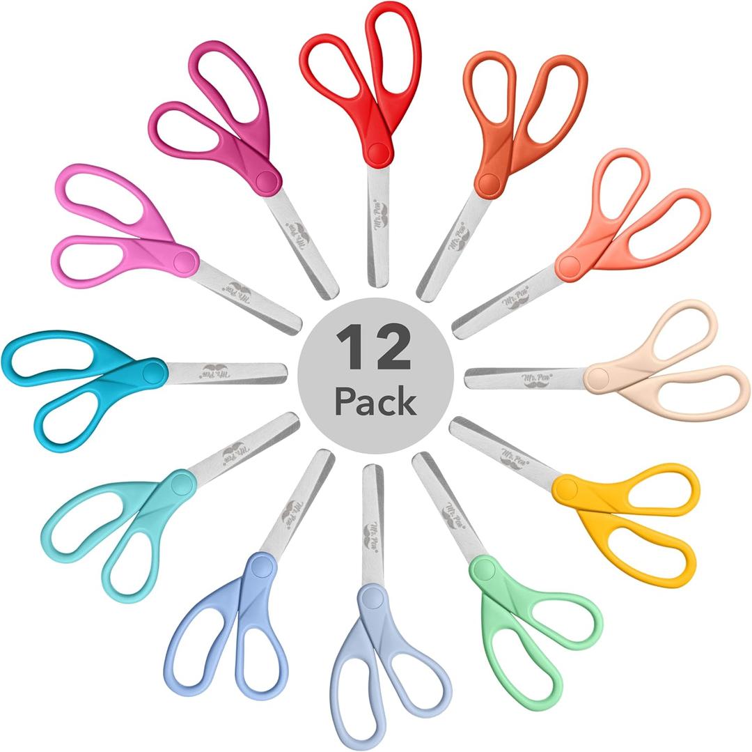 Mr. Pen- 12 Packs 5" Small School Student Blunt Tip Craft Kids Scissors, Stainless Steel Blades Comfort Grip 5 Inch Safety Scissors Bulk for Children Toddler Cutting Paper (Modern Shades)