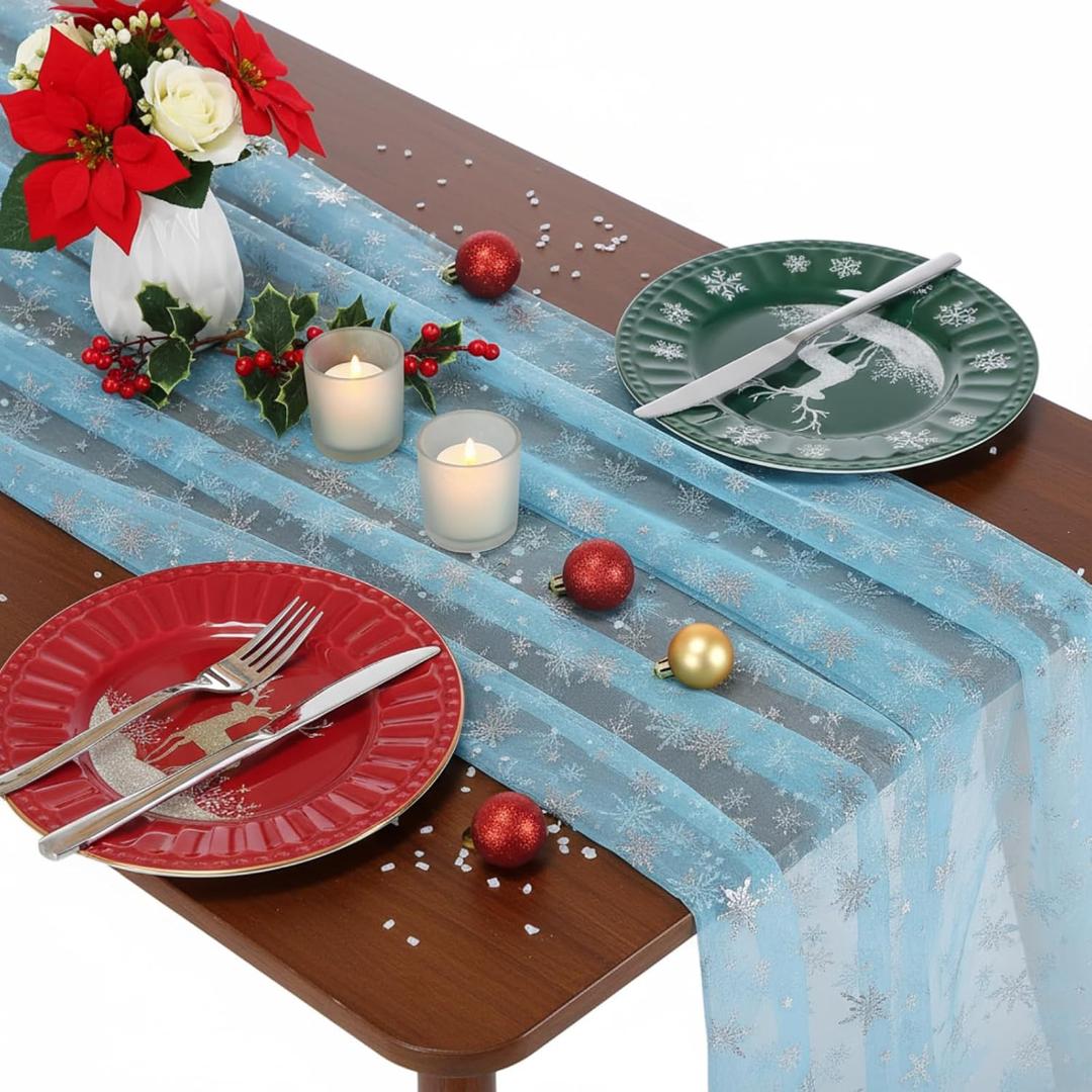 1 Pcs Blue Snowflake Gauze Table Runner 120 Inch Silver Glitter Foil Winter Snowflake Seasonal Sheer Tulle Tablerunner Decor for Holiday Festival Kitchen Wedding Wonderland New Year Party