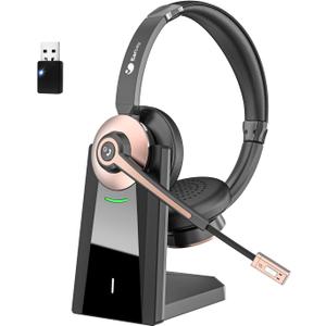 Wireless Headset with Microphone - Bluetooth Headset with Mic Noise Canceling & Mute, Wireless Headphones with USB Dongle/Charging Dock for Laptop Computer Phone Work Office Teams Conference Call (Gold)