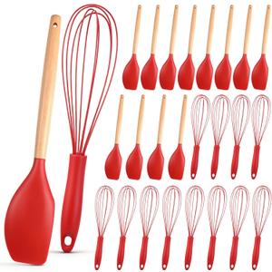 Funnymoom 24 Pcs Red Silicone Spatula and Whisks Set 12 Inch Bulk for Cooking Non-scratch Balloon Wire Whisk Spatula Christmas Baking Mixing Tool Cookware for Cooking Party Favor Xmas Craft Gift
