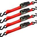 Cargoloc Premium Ratchet Tie Downs - 4 Pk - 15 Ft - 500 Lbs Load Cap - 1,500 Lbs Break Strength - Cargo Straps for Moving Appliances, Lawn Equipment, Motorcycles, etc. - RED