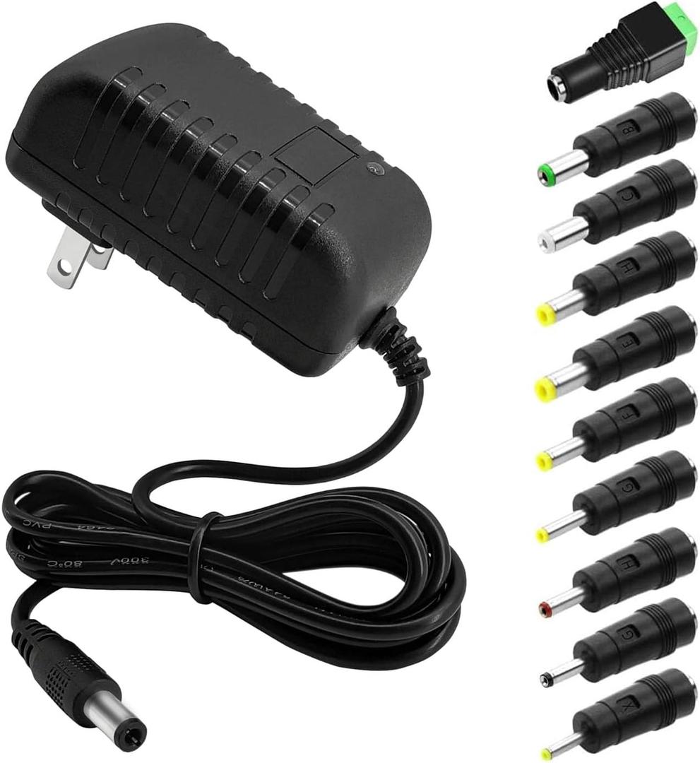12V 2A DC Power Supply 24W AC Adapter 100-240v 50-60hz ac to 12 Volt 2000mA Transformer, DC 12v Power Adapter Cord Replacement with 10 Tips for dc12v LED Strip Light, CCTV Camera