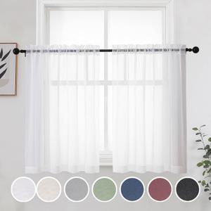 OWENIE Short White Sheer Curtains 36 Inches 2 Panels Set - Kitchen Tiers Valances Curtains Light Filter Rod Pocket Voile Cafe Curtains for Kitchen Bathroom Small Half Window, 42 in W x 36 in L