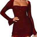 Women's Sheer Long Sleeve Sequin Bodycon Mini Dress Sexy Sparkly Ruched Mesh Party Going Out Dresses (Medium, Wine)