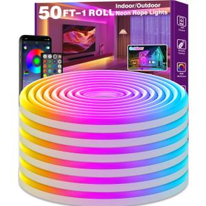 SINLEY Led Neon Rope Lights,Control with App/Remote,Flexible Led Rope Lights,Multiple Modes,IP68 Outdoor RGB Neon Lights Waterproof,Music (50FT)