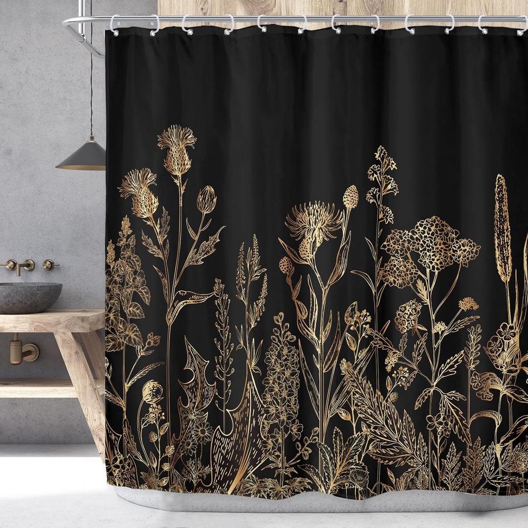 Riyidecor Black Gold Dark Floral Wildflower Shower Curtain for Bathroom Decor 72Wx72H Rustic Botanical Herbs Plant Leaves Vintage Nature Art Printed Fabric Polyester Waterproof 12 Pack Plastic Hooks