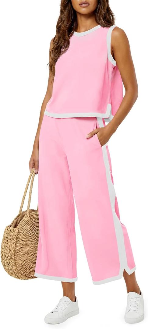 Fisoew Womens 2 Piece Outfits Summer Sleeveless Wide Leg Capris Tracksuits Casual Cotrast Colors Lounge Sets, L
