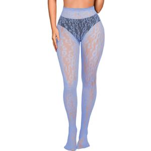 Women Sexy Leopard Print Lace Tights, Cheetah Patterned Pantyhose Leggings, Sheer Fishnet Stockings Club Rave Outfits (Light Blue)