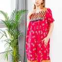 Women's Short Sleeve Red Lounger House Dress - 3 Button Bib Yoke and Pockets (Pink, XXXL)