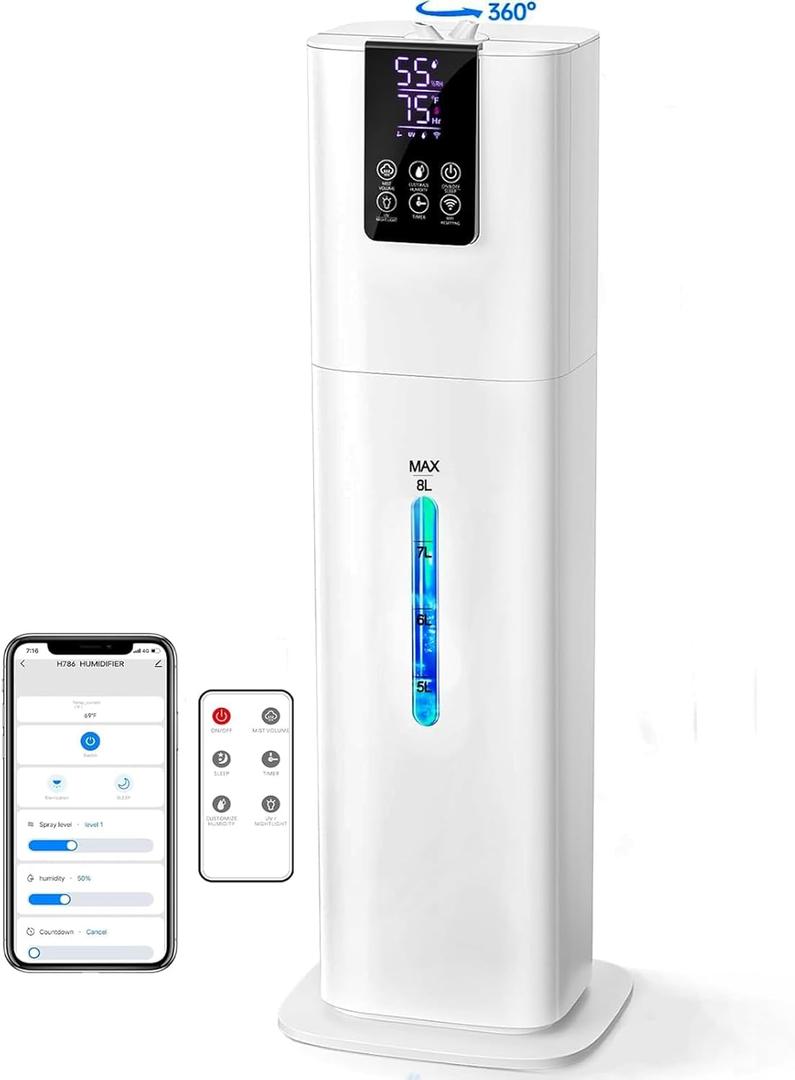 8L Smart Humidifiers for Bedroom Large Room, 2.1Gal Cool Mist Top Fill Diffuser Ambient Light, App & Remote Control, 3 Mist Modes, Quiet Humidifier for Home Office Plant