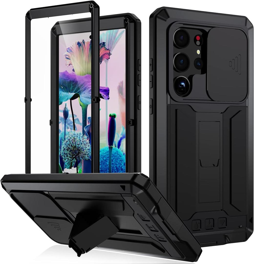 Compatible for Samsung Galaxy S23 Ultra Metal Phone Case Cover,Military Grade Heavy Duty Rugged Metal Case, Full-Body Bumper Protective Cover with Kickstand & Screen Protector & Slide Camera(Black)