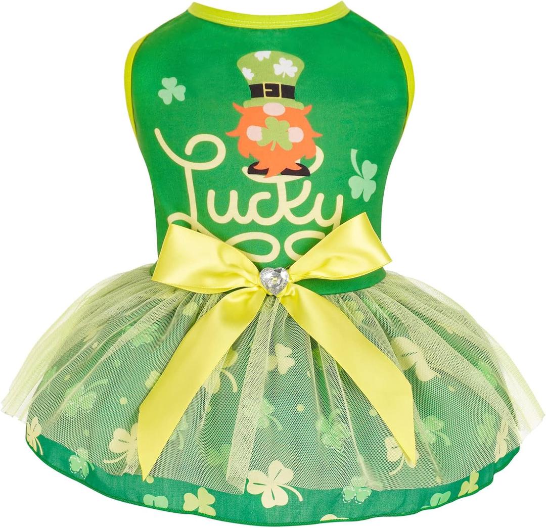 cyeollo St. Patrick's Day Dog Dresses Lucky Shamrock Tulle Skirt with Bowtie Holiday Dog Clothes for Small Dogs, Green L