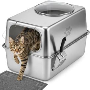 Large Enclosed Stainless Steel Cat Litter Box with Mat & Scoop, Leak-Proof, Narrow Side, 23.8"L x 15.9"W x 15.1"H