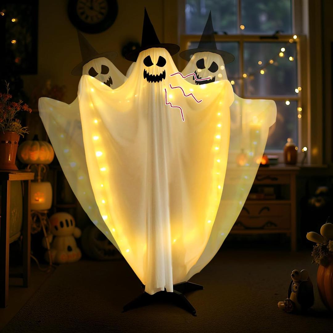 70" Halloween Decorations Outdoor Indoor Swinging Sound-Actived Light Up Ghost Decorations LED Funny Large Spooky Standing Ghost Decor for Porch Yard Garden
