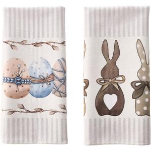 2Pcs 18 x 26 Inch Easter Home Decor Stripe Rabbit Bunny Eggs Easter Kitchen Towels Dish Towels for Spring Easter Summer Seasonal Holiday