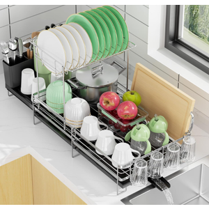 Pantasia Large 2 Tier Dish Drying Rack, Extendable Dish Rack, Stainless Steel AntiRust Dish Rack for Kitchen Counter, Multifunctional Dish Drainer with Utensil & Cup Holder, 13.4"28.7" L x 11.8" W