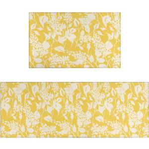 Yellow Floral Kitchen Rug Mat Spring Country Kitchen Rugs Sets of 2 Washable Kitchen Floor Mats Non-Slip Yellow Kitchen Decor, 1'5" x 3'11"