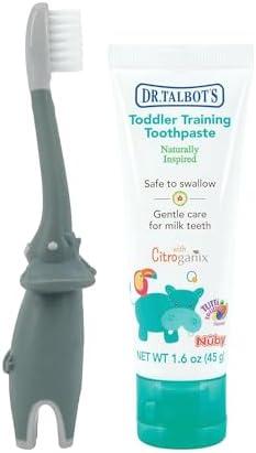Toddler Training Toothbrush and Natural Kids Toothpaste with Citroganix - 1.6 oz - Fluoride-Free Toothpaste and Toddler Toothbrush - 6+ Months - Elephant , Pack of 2