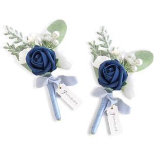 Lookein Set of 2 Navy Blue Wedding Boutonniere for Men Artificial Flowers Wedding Groom Groomsmen Boutonniere for Wedding Ceremony Anniversary Formal Dinner Party
