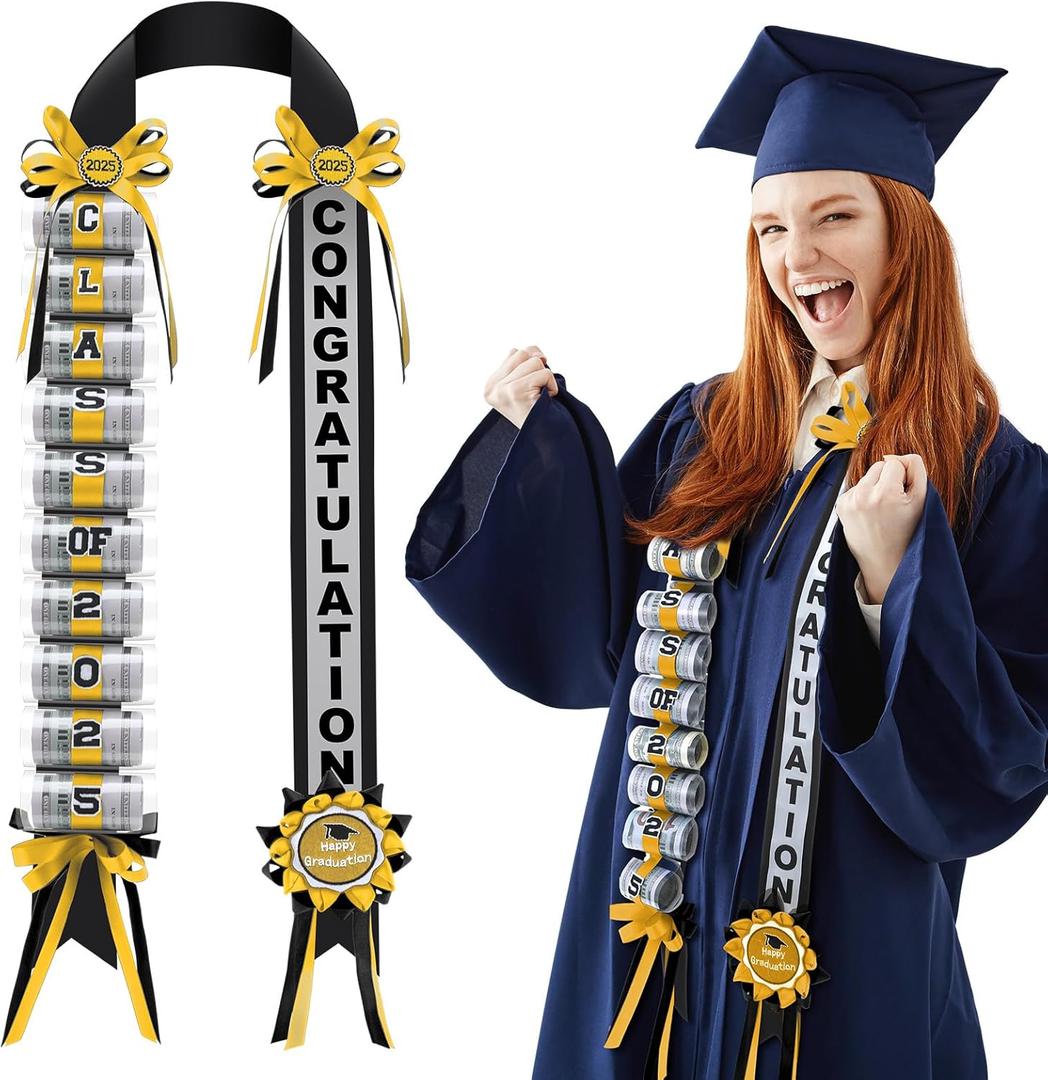 Lyrow Graduation Money Lei Class of 2025 Double Braided Lei Gift Graduation Cash Gifts Pull Ideas for High School College Party Supplies(Black and Gold)