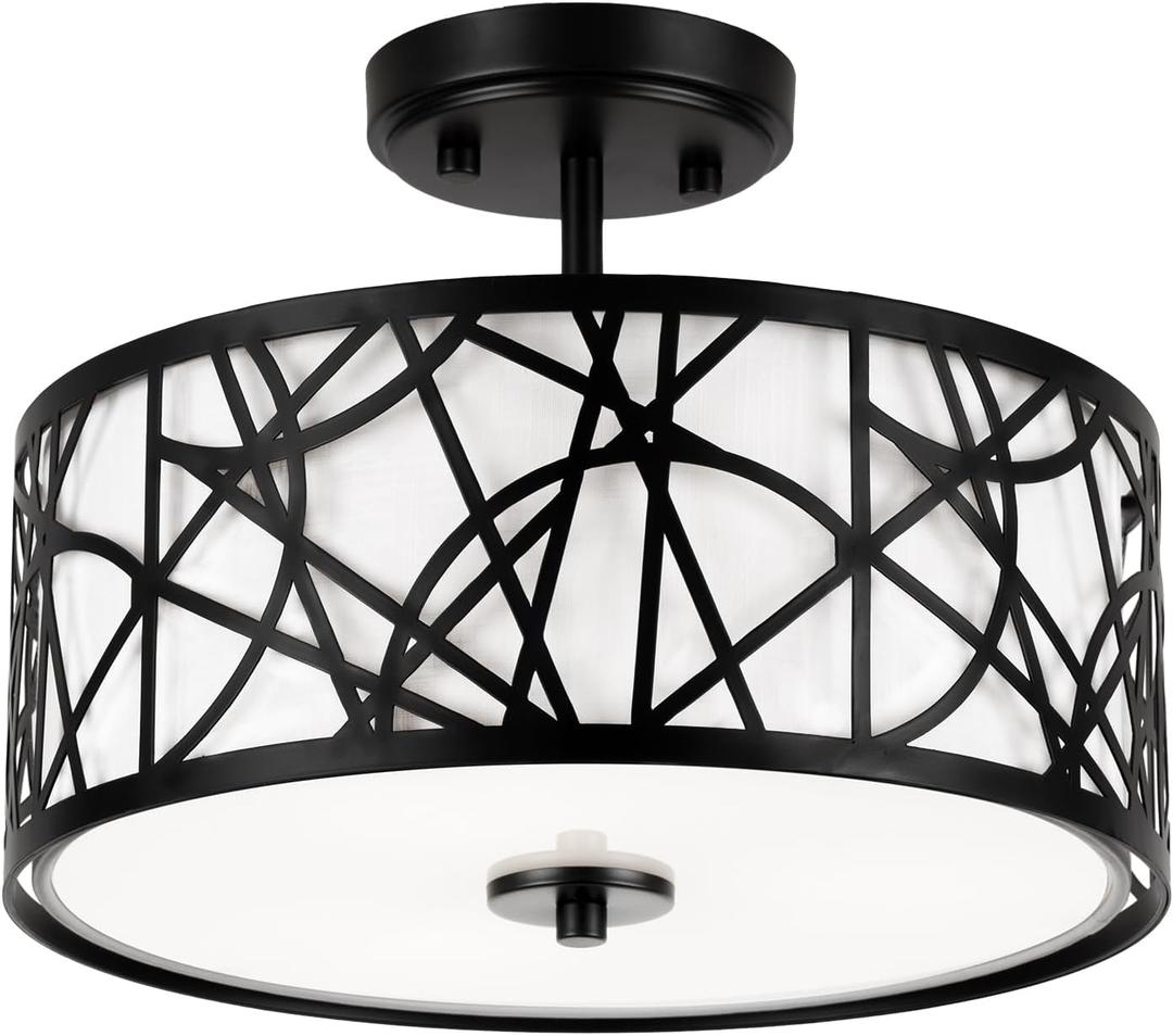 EdwarmLux 3-Light Semi Flush Mount Ceiling Light, 12.6" Drum Light with White Fabric Shade, Modern Close to Ceiling Lamp for Living Room Bedroom Dining Kitchen Hallway Entry Foyer (Matt Black)