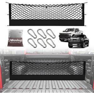 Muslogy Truck Bed Cargo Net Trunk Netting Compatible with 2013-2026 Chevy Silverado & GMC Sierra 1500/2500HD/3500HD Accessories, Pickup Cargo Organizer SUV Sedan Storage Net w/Heavy Duty Carabiners