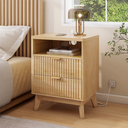 Wood Nightstand with Charging Station, Fluted Bedroom Nightstand, Bedside Table Chest, 25.4'' H X 19.7'' W X 15D''