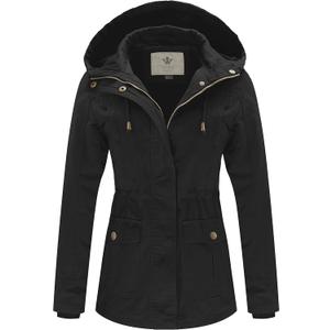WenVen Women's Cotton Military Jacket Lightweight Casual Anorak Coat with Hood (Large, Black)