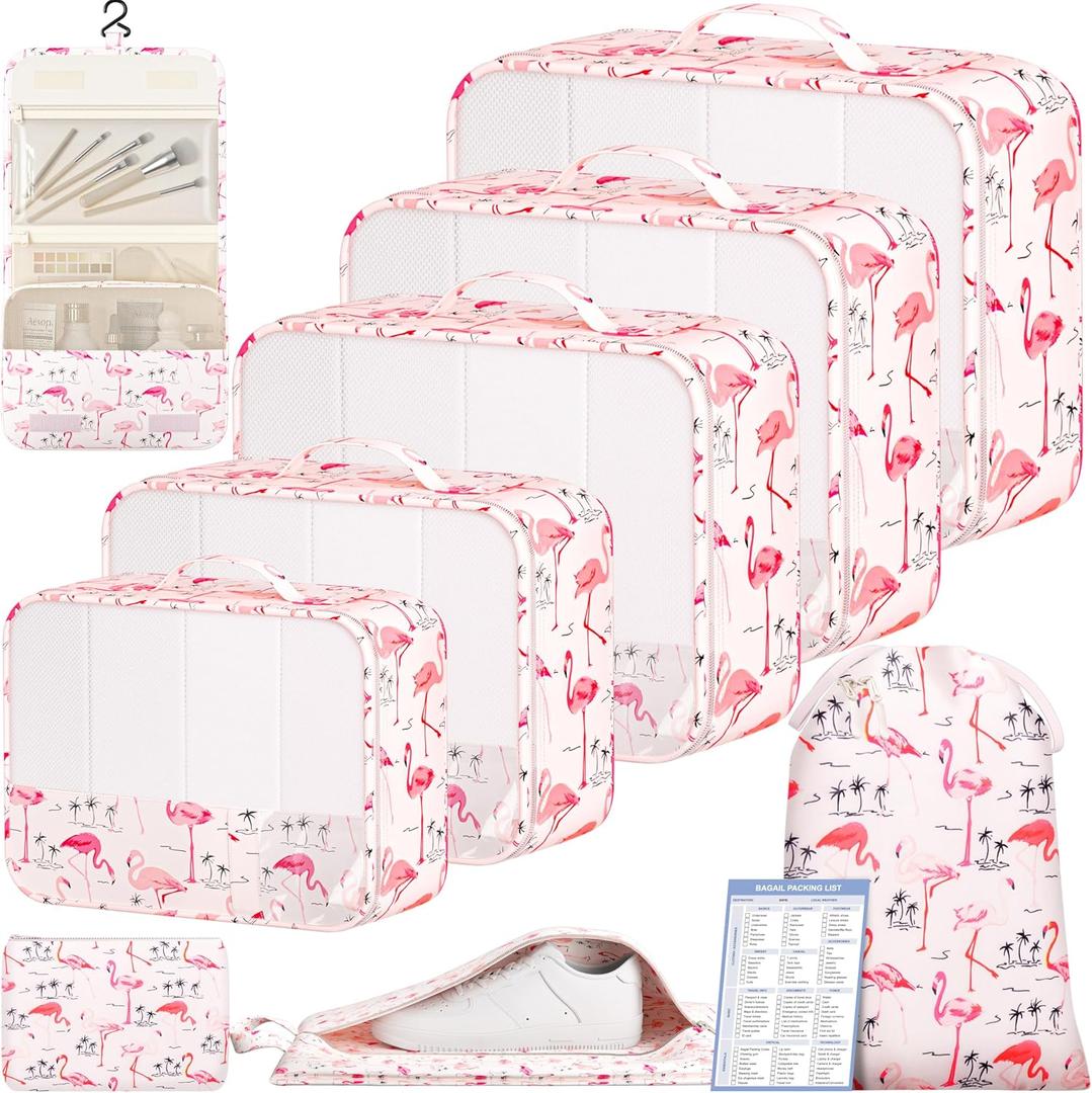 BAGAIL 9 Set Packing Cubes with Packing List Luggage Packing Organizers for Travel Accessories (Flamingo)