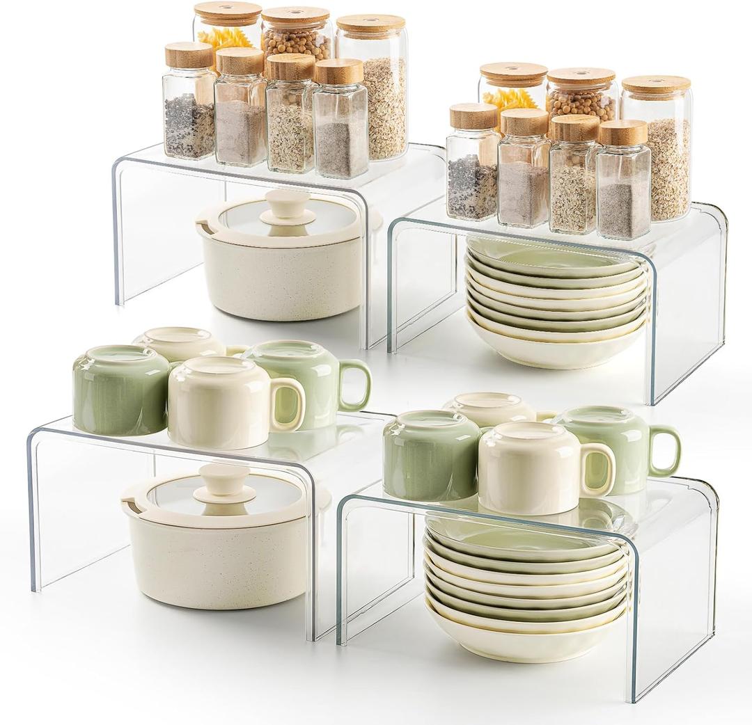Clear Spice Rack Shelves, Pantry Organizers and Storage Set of 4, Display Shelf Organizer, Room Bathroom Desk Shelf Countertop Organization and Storage, Ideal for Kitchen Cabinet Organizer Shelf