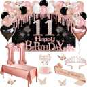 11th Birthday Decorations for Girls, 49pcs Black Rose Gold Black Banner, Tablecloth, Butterfly Decor, 11th Birthday Sash and Tiara, Cake Topper, Candles, Balloons Arch
