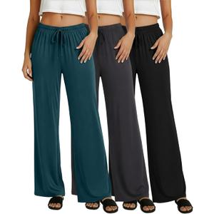 Real Essentials 3 Pack: Women's Soft Palazzo Pants - Wide Leg Yoga Casual Loungewear Pajama Pj Bottoms (XX-Large)