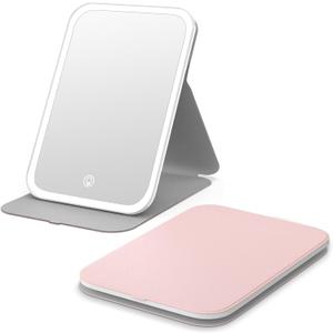 Kintion Travel Makeup Mirror, Portable LED Lighted Makeup Mirror, 360 Rotation Touch Screen Vanity Mirror, 60 LEDs, 3-Color Dimmable Lighting, Rechargeable Tabletop Folding Cosmetic Mirror, Pink