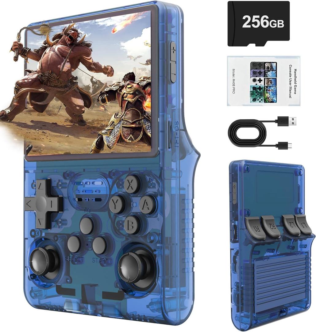 R40S PRO Retro Gaming Console, 30000+ HD Games Handheld Game Console, 3800mAh Rechargeable Mini Retro Video Console with 256GB TF Card, Portable Pocket Arcade (Transparent Blue)