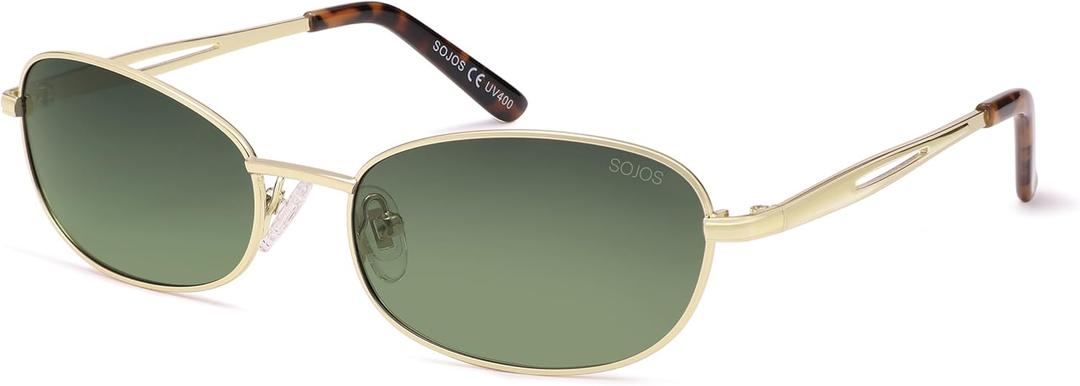 SOJOS Retro Oval Sunglasses for Women Men Polarized Trendy Narrow Shades UV400 Womens Mens Sun Glasses SJ1263 (Gold/Greyish-green)