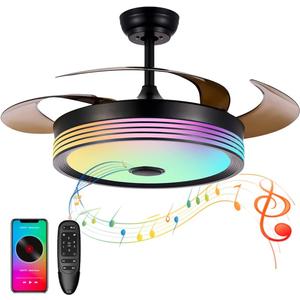42 inch Modern Retractable Ceiling Fan with Lights and Remote Control, 6Speed Dimmable Fandelier, Smart Ceiling Fan Light with Bluetooth Speaker, RGB Color Reversible Bedroom Living Room Black