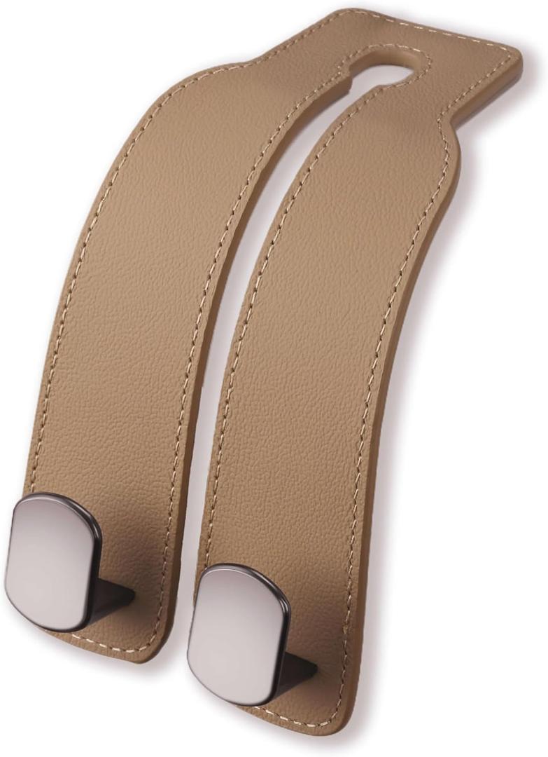 Genuine Leather Car Purse Hook - Flexible Car Seat Back Storage Hook for Purses and Bags, Universal Headrest Hooks for Car, Upgraded Car Purse Holder Hanger for Head Rest (Beige-1 Pack)