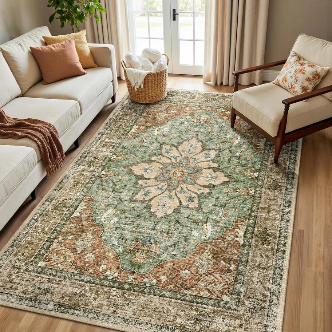 RELEANY Area Rugs 5'x8' Washable Non-Slip, Floral Vintage Distress Print Pattern Medallion Carpet for Living Room Bedroom Dining Room, Brick Red Rust Neutral Brown Burnt Orange Green